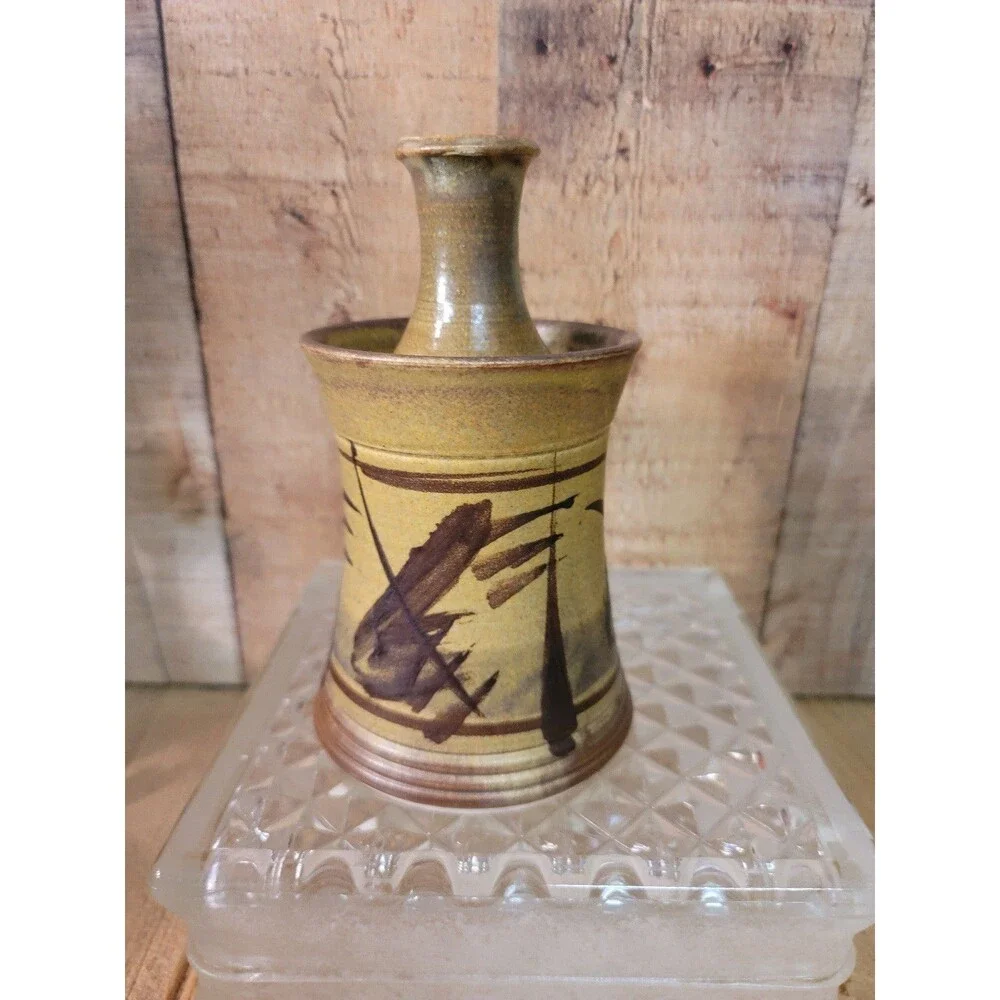 Asain Design Signed Candle Holder Pottery